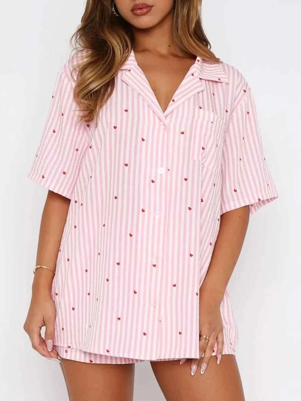 Love Notes Collared Neck Short Sleeve Top and Shorts Pajama Set
