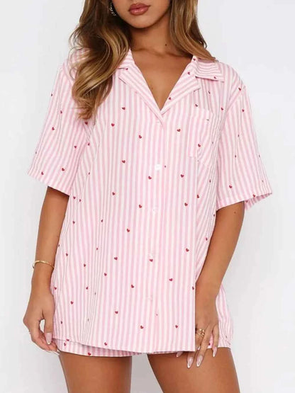 Love Notes Collared Neck Short Sleeve Top and Shorts Pajama Set