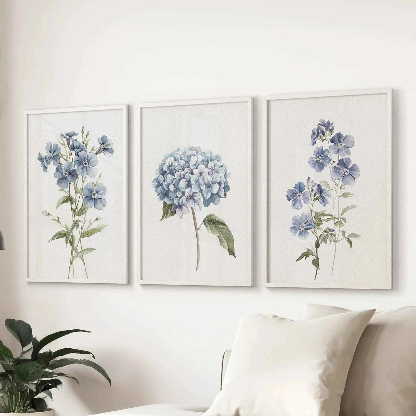 Blue Hydrangea Flower Wall Art. Floral Set of 3 Prints