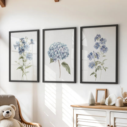 Blue Hydrangea Flower Wall Art. Floral Set of 3 Prints