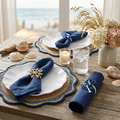 Coastal Ship Wheel Napkin Ring – 2.5” Handwoven Iraca Palm –  Set of 4