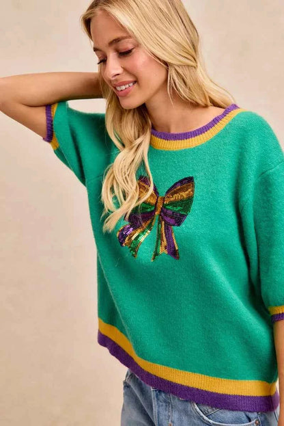 BiBi Mardi Gras Sequin Ribbon Patched Sweater