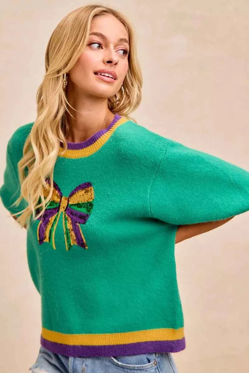 BiBi Mardi Gras Sequin Ribbon Patched Sweater