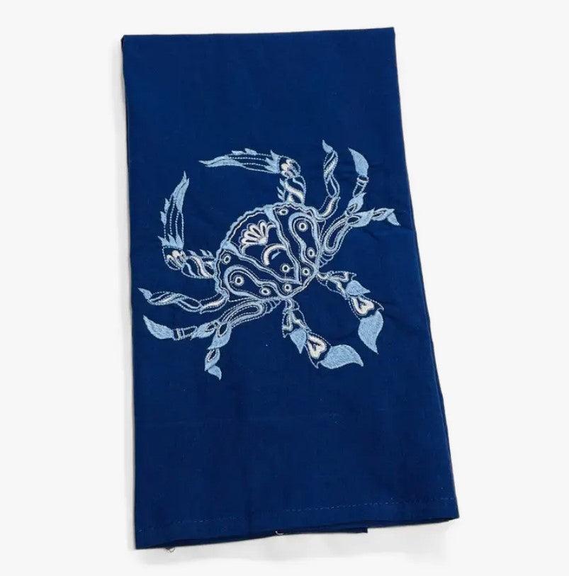 Embroidered Chinoiserie Inspired Coastal Crab Tea Towel - Blue - Sorelle Gifts