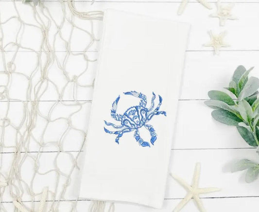 Embroidered Chinoiserie Inspired Coastal Crab Tea Towel - Sorelle Gifts