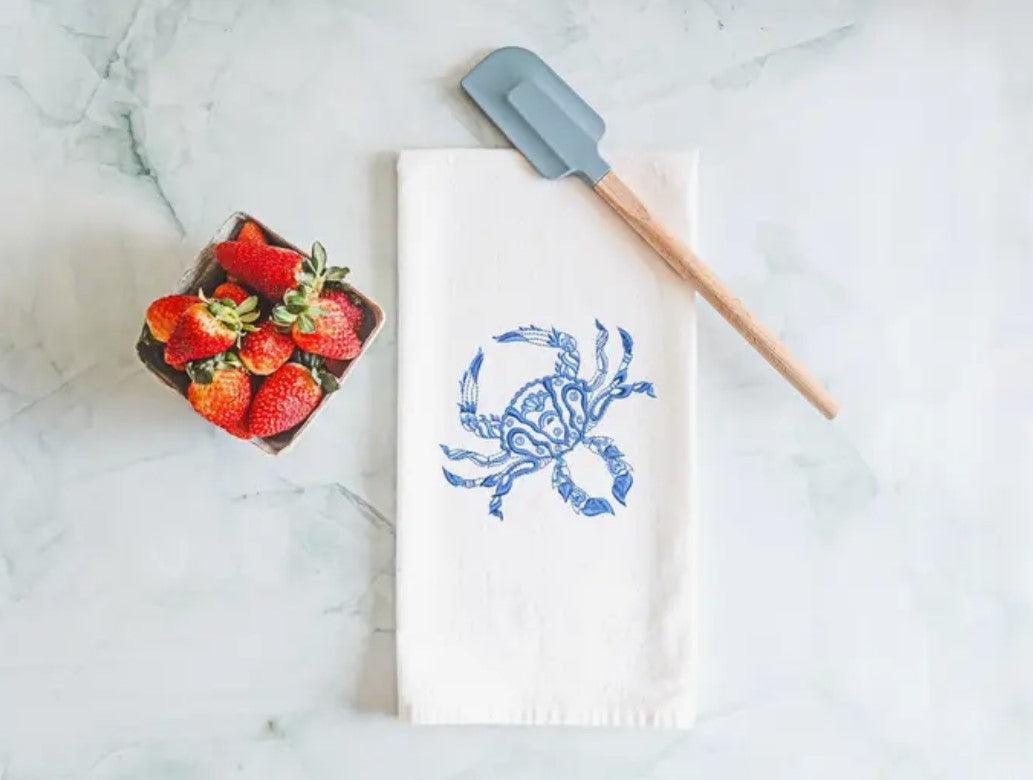 Embroidered Chinoiserie Inspired Coastal Crab Tea Towel - Sorelle Gifts
