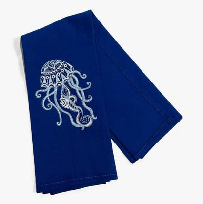 Embroidered Chinoiserie Inspired Coastal Jellyfish Tea Towel - Blue - Sorelle Gifts