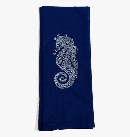 Embroidered Chinoiserie Inspired Coastal Seahorse Tea Towel - Blue - Sorelle Gifts