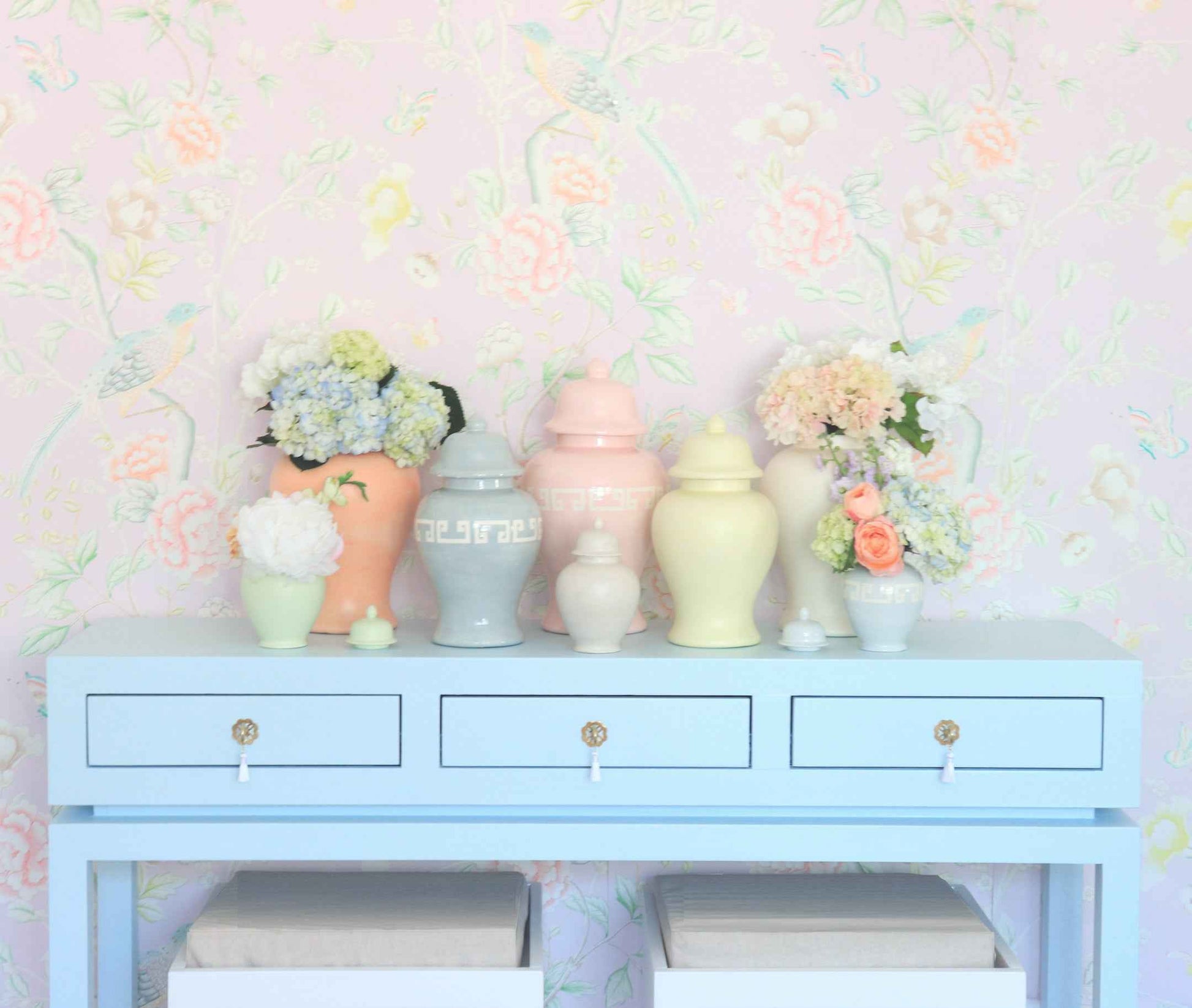 Cherry Blossom Pink Greek Key Ginger Jars