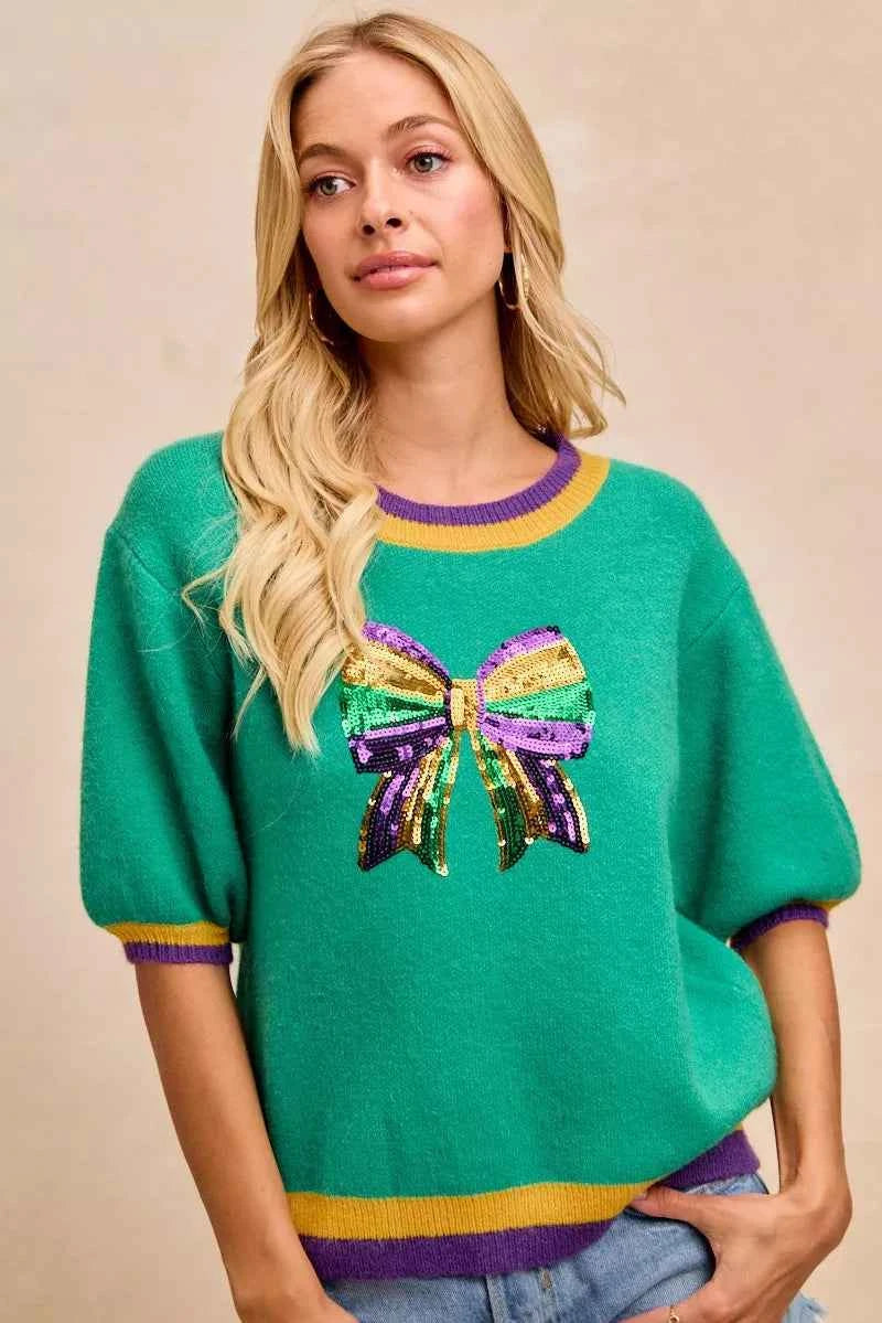 BiBi Mardi Gras Sequin Ribbon Patched Sweater