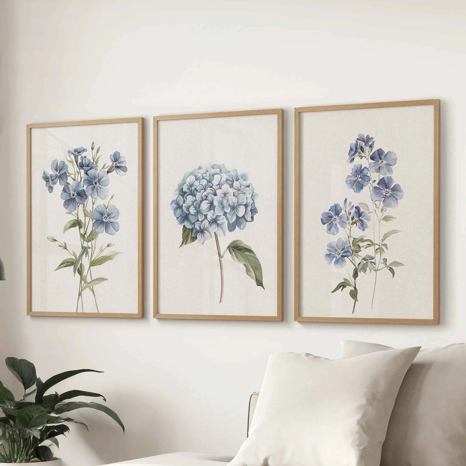 Blue Hydrangea Flower Wall Art. Floral Set of 3 Prints