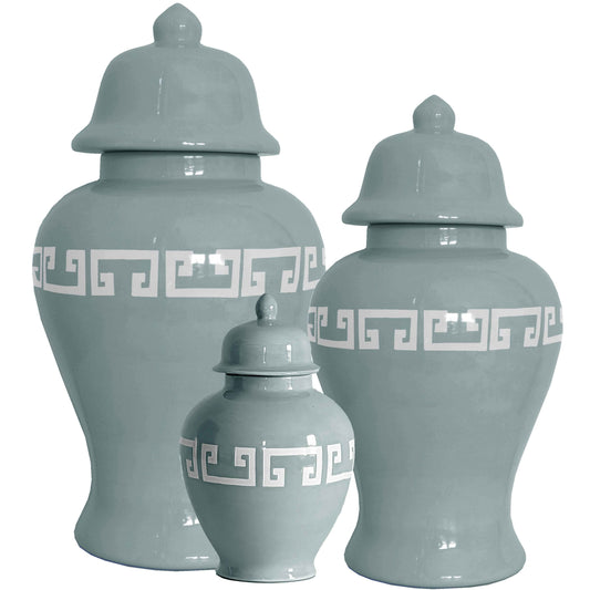 Lamb's Ear Blue Greek Key Ginger Jars