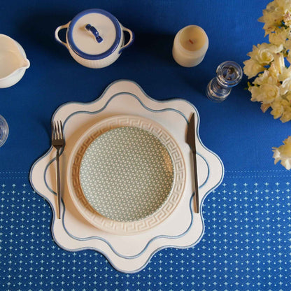 HAVEN WHITE WAVY EDGE BLUE TRIM FAUX LEATHER PLACEMAT