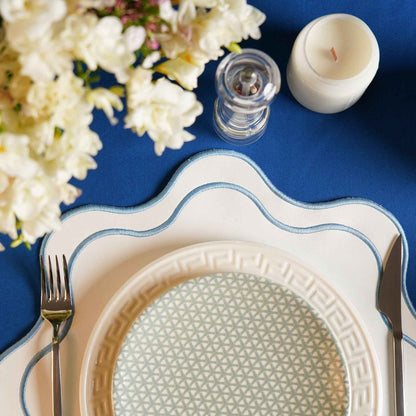 HAVEN WHITE WAVY EDGE BLUE TRIM FAUX LEATHER PLACEMAT
