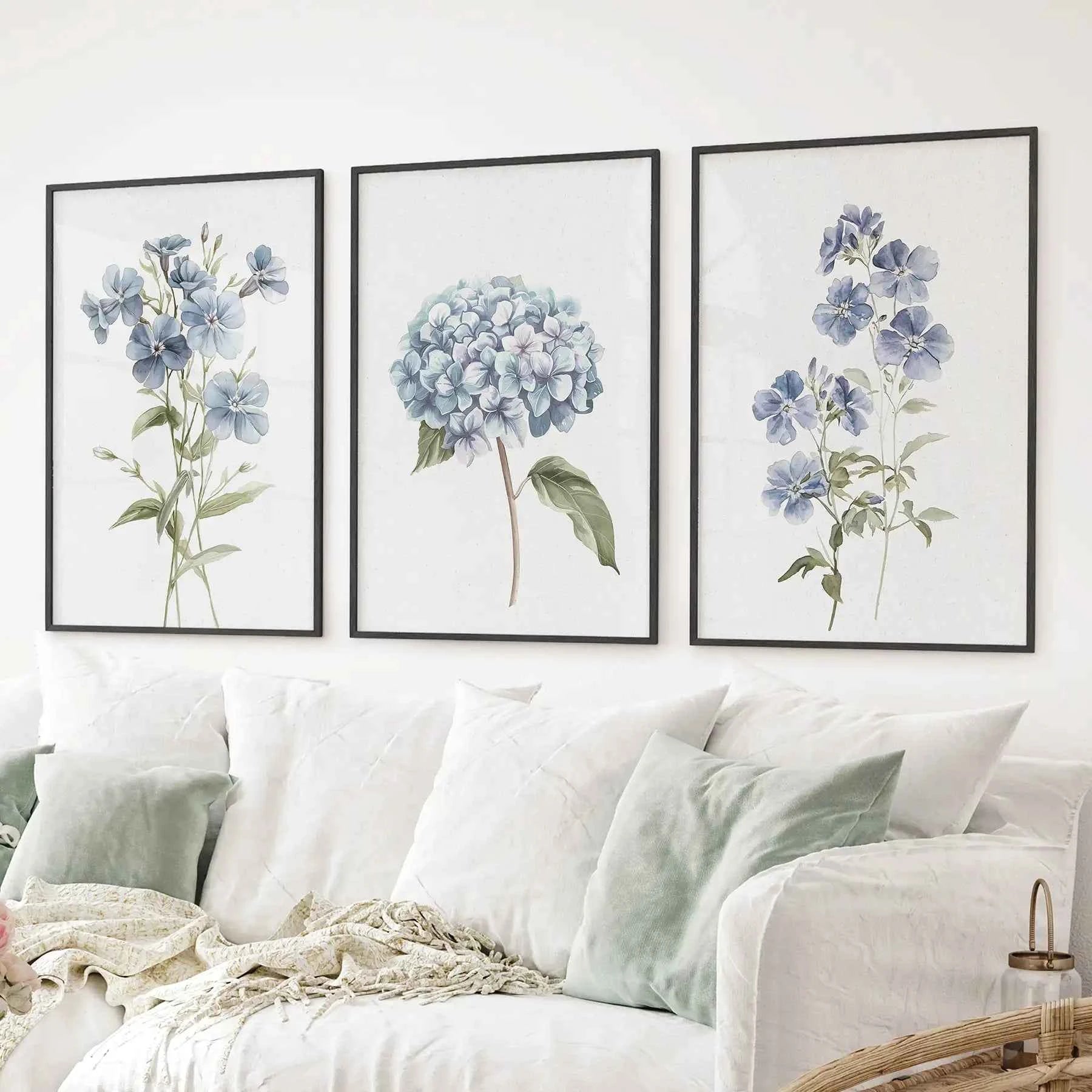 Blue Hydrangea Flower Wall Art. Floral Set of 3 Prints