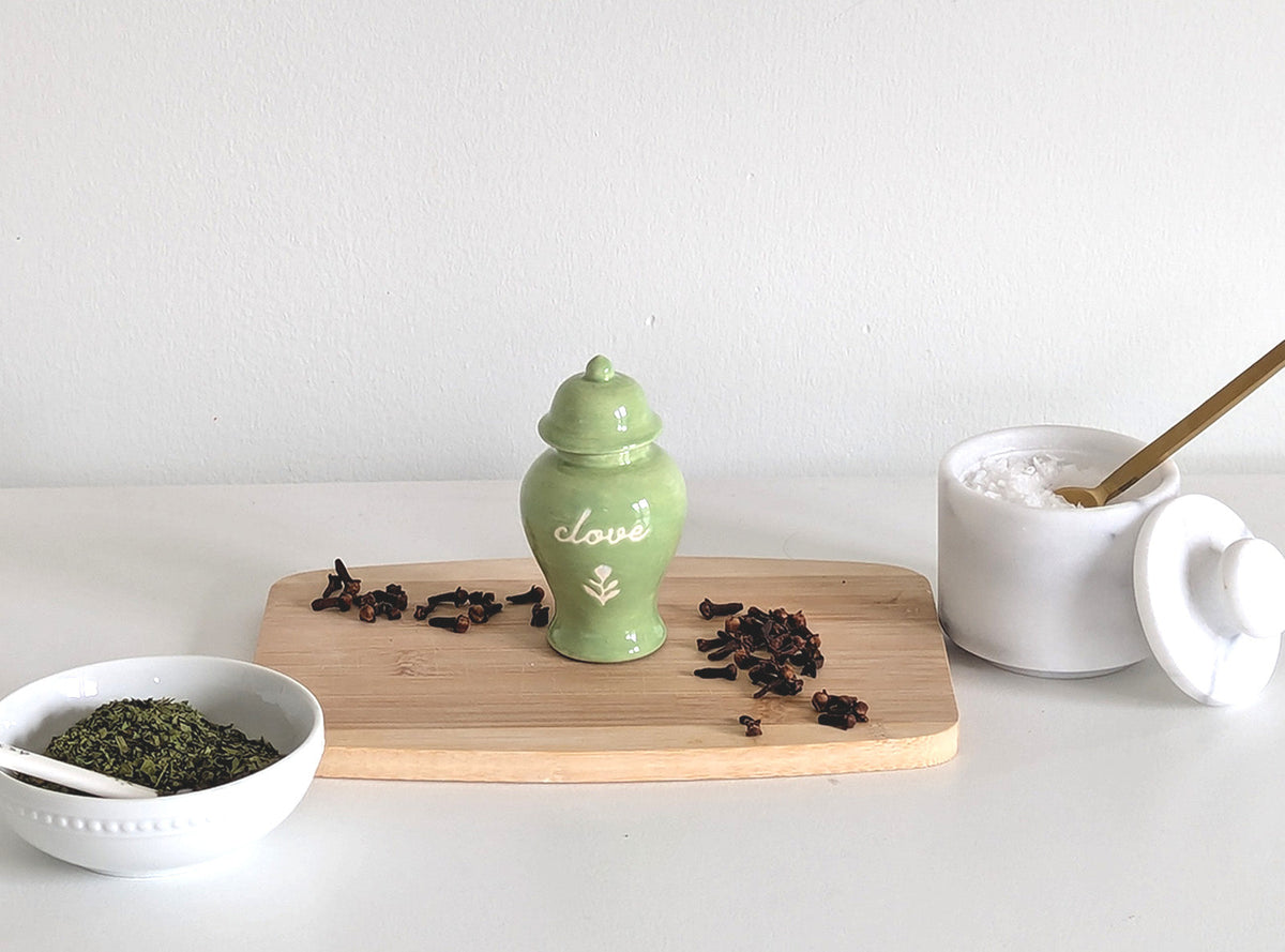 Chinoiserie Spice Jar Set 3 - mustard, parsley, marjoram, garlic, clove, and dill
