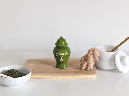 Chinoiserie Spice Jar Set 2 - tarragon, chive, ginger, thyme, allspice, and nutmeg