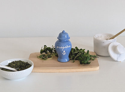 Chinoiserie Spice Jar Set 1 - basil, oregano, rosemary, bay, cinnamon, and saffron