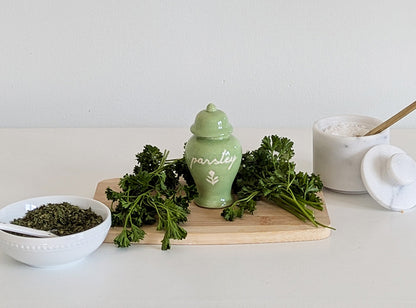 Chinoiserie Spice Jar Set 3 - mustard, parsley, marjoram, garlic, clove, and dill