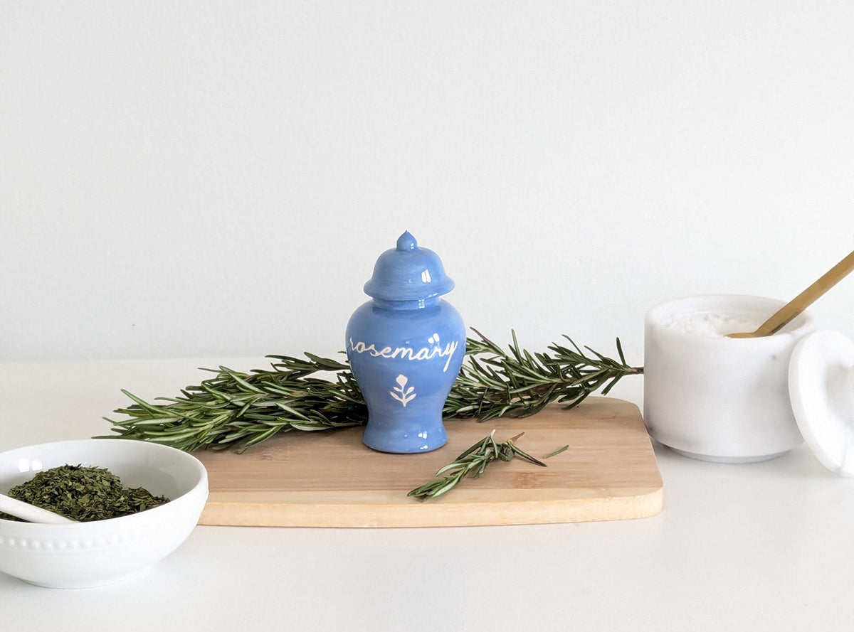 Chinoiserie Spice Jar Set 1 - basil, oregano, rosemary, bay, cinnamon, and saffron
