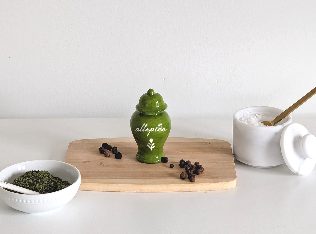 Chinoiserie Spice Jar Set 2 - tarragon, chive, ginger, thyme, allspice, and nutmeg