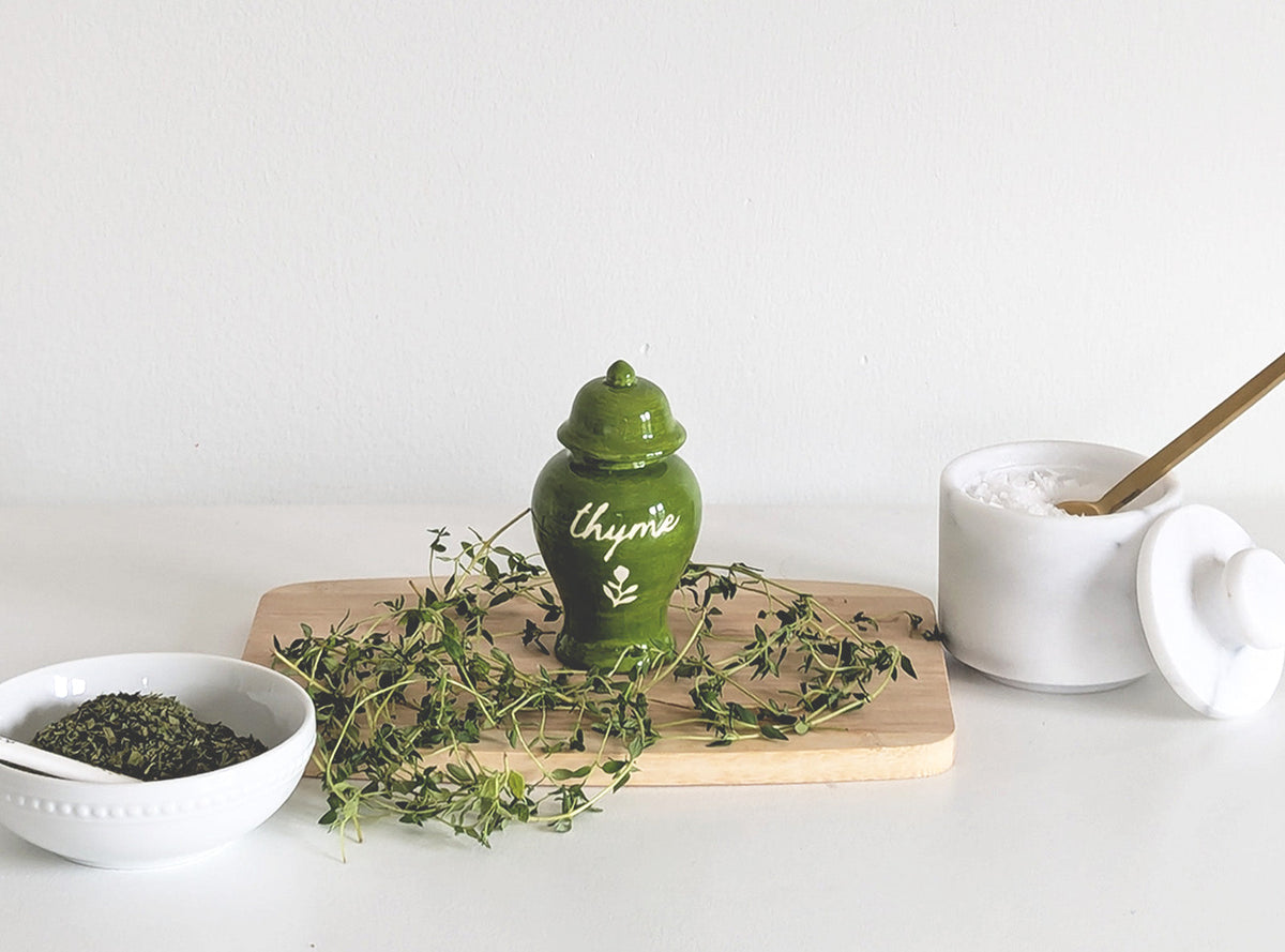 Chinoiserie Spice Jar Set 2 - tarragon, chive, ginger, thyme, allspice, and nutmeg