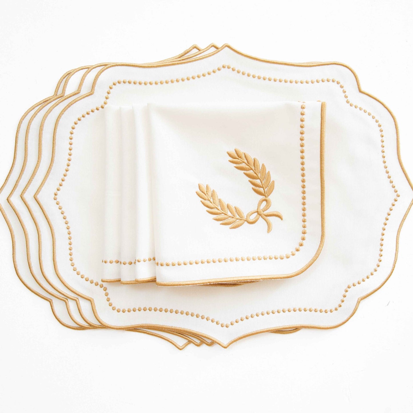 LUNA IVORY GOLD TRIM FABRIC PLACEMAT NAPKIN SET