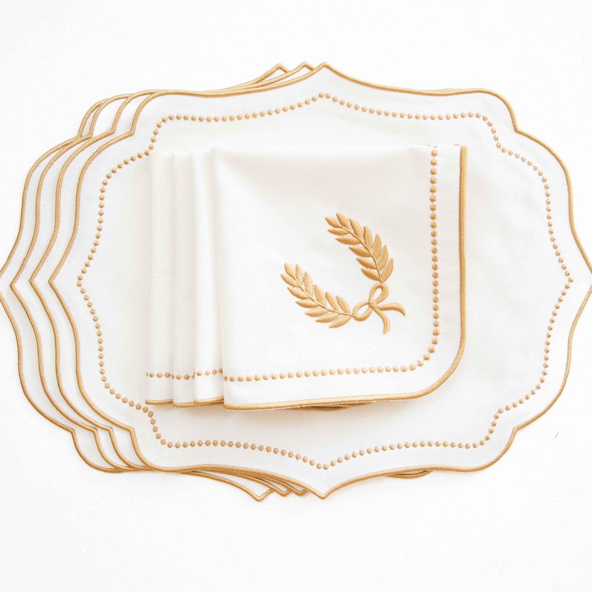 LUNA IVORY GOLD TRIM FABRIC PLACEMAT NAPKIN SET