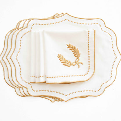 LUNA IVORY GOLD TRIM FABRIC PLACEMAT NAPKIN SET