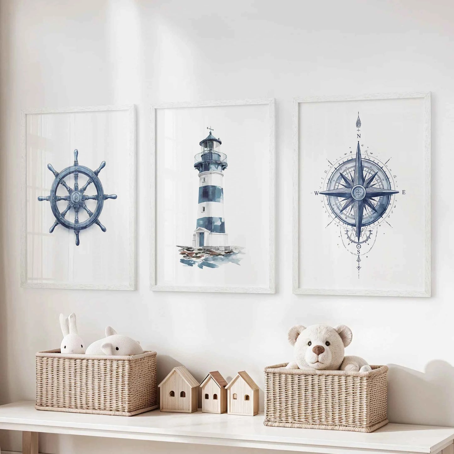 Navy Blue Nautical 3 Piece Art. Lighthouse, Compass Prints