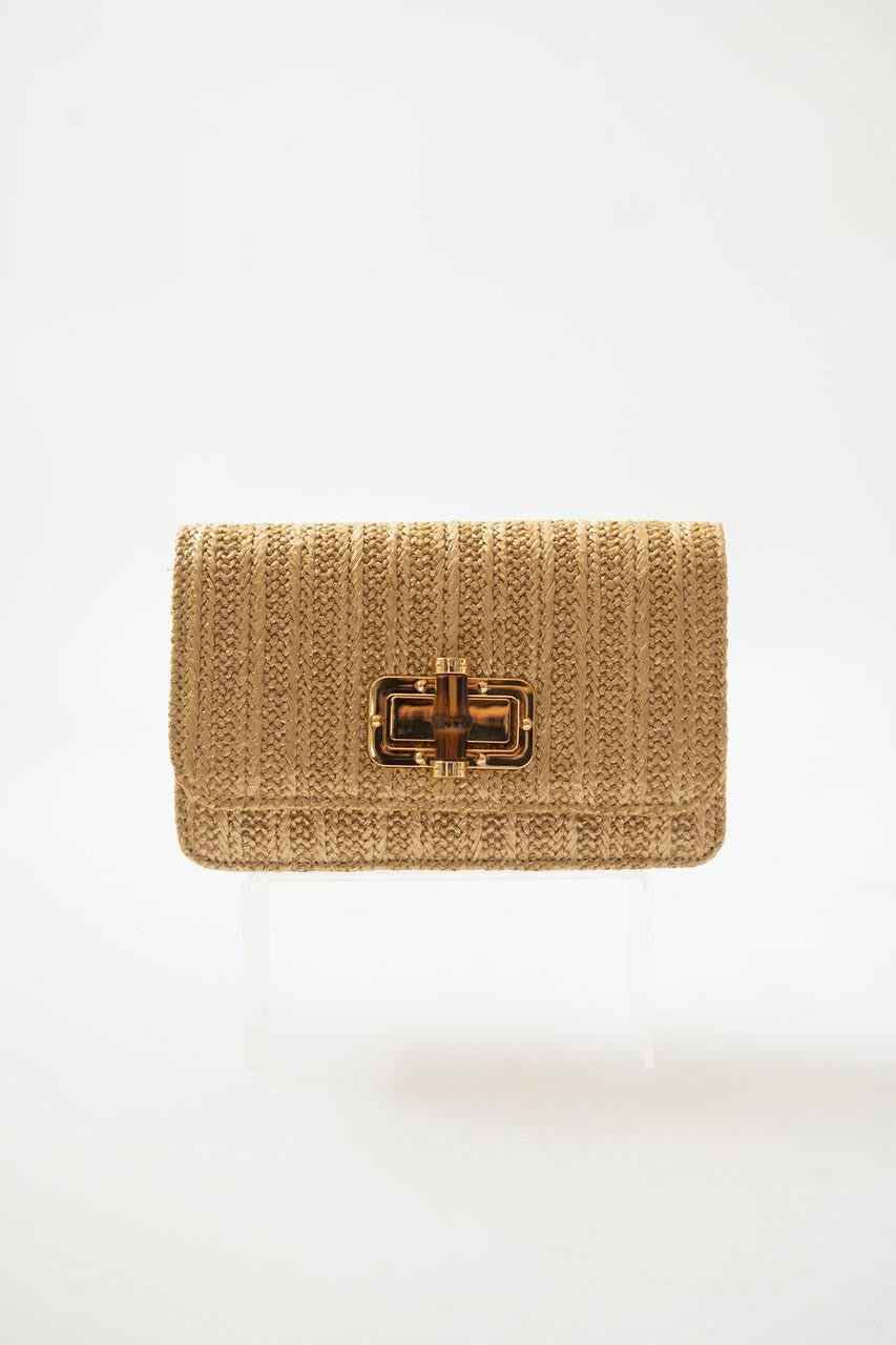 Lilly - Gold Woven Straw Clutch - Bamboo Toggle