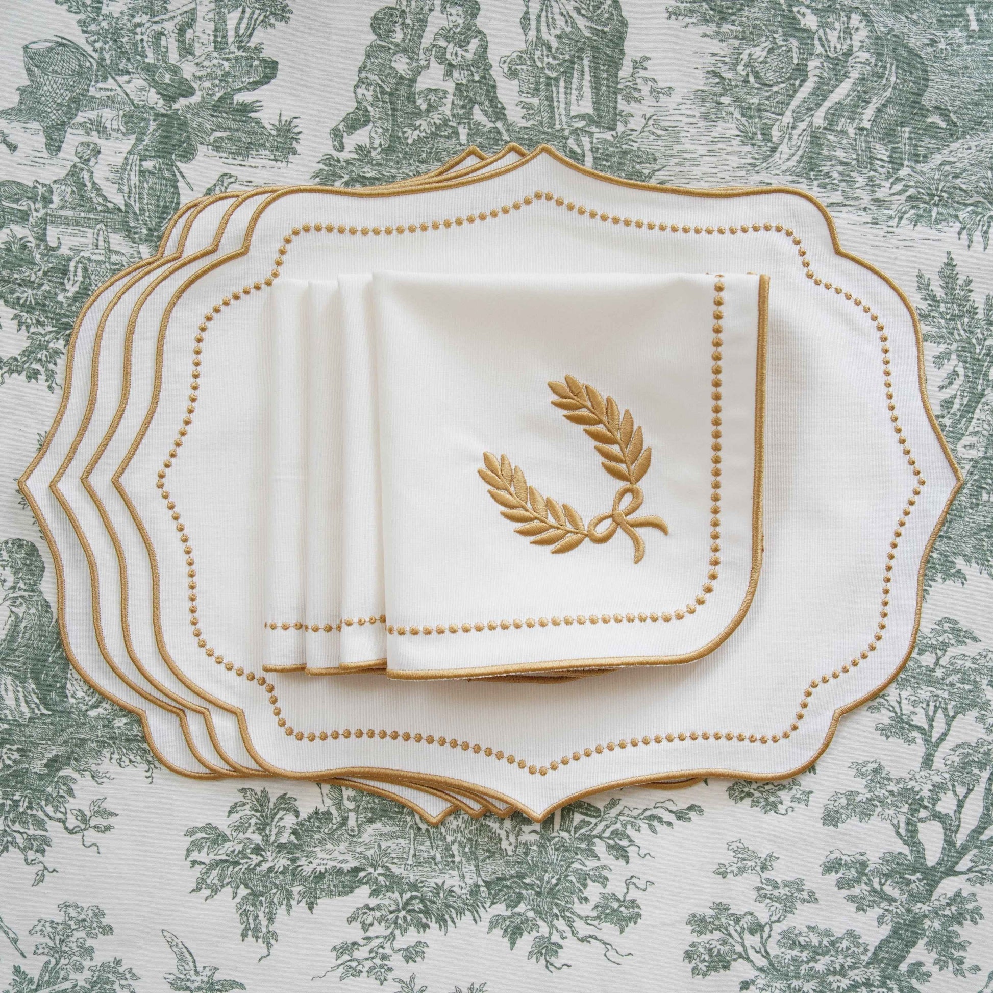 LUNA IVORY GOLD TRIM FABRIC PLACEMAT NAPKIN SET