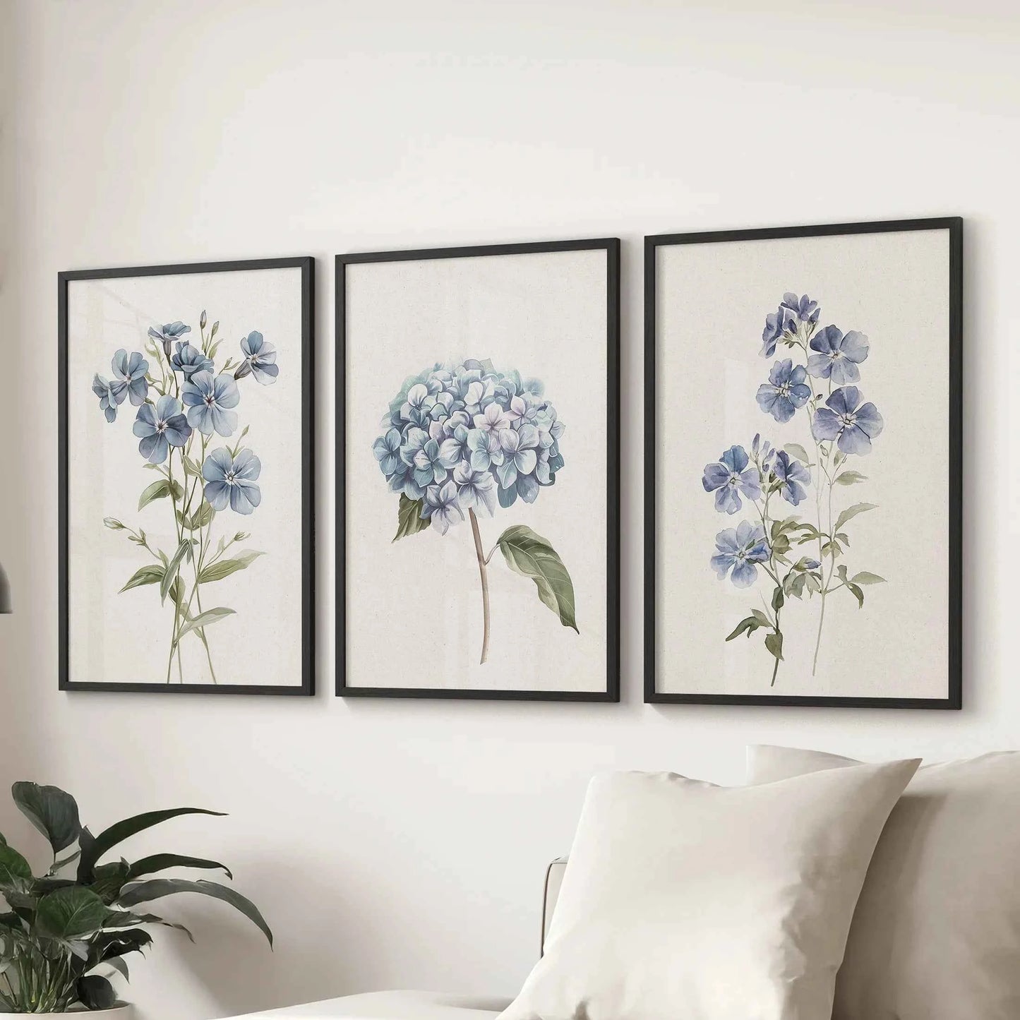 Blue Hydrangea Flower Wall Art. Floral Set of 3 Prints