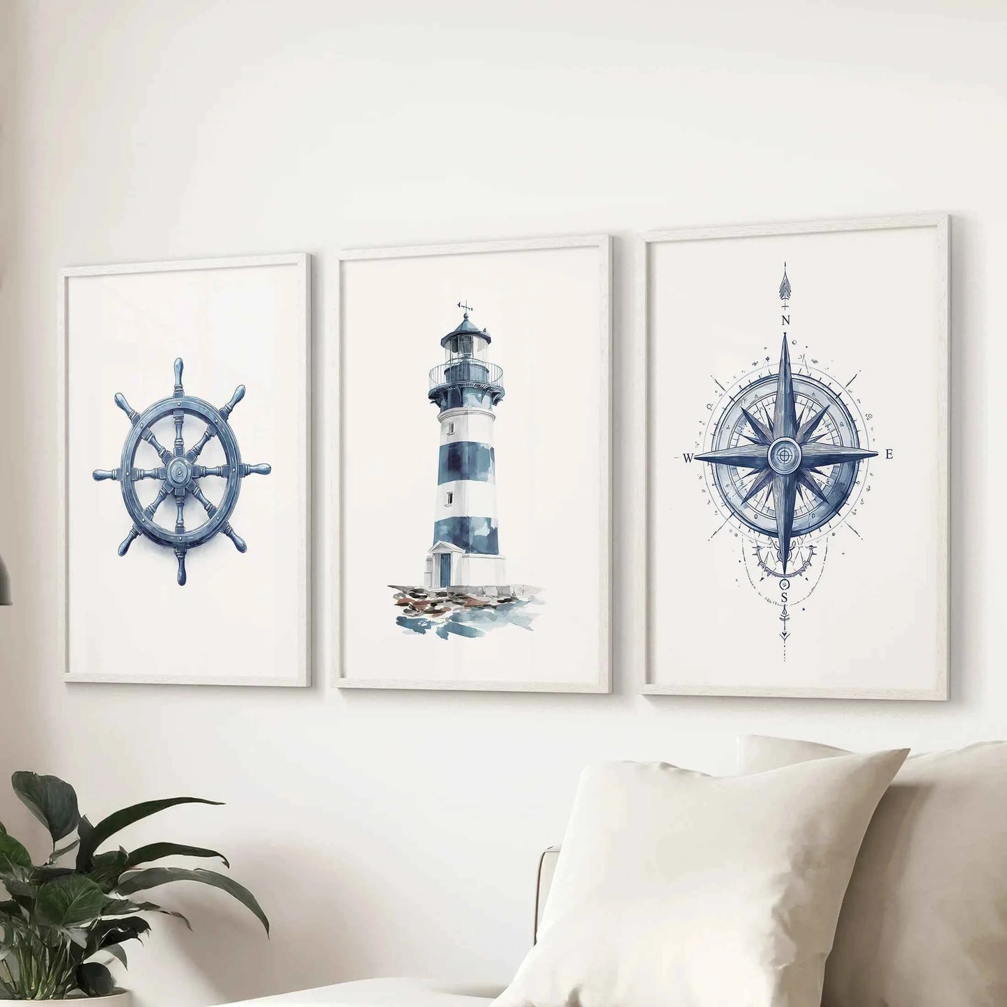 Navy Blue Nautical 3 Piece Art. Lighthouse, Compass Prints