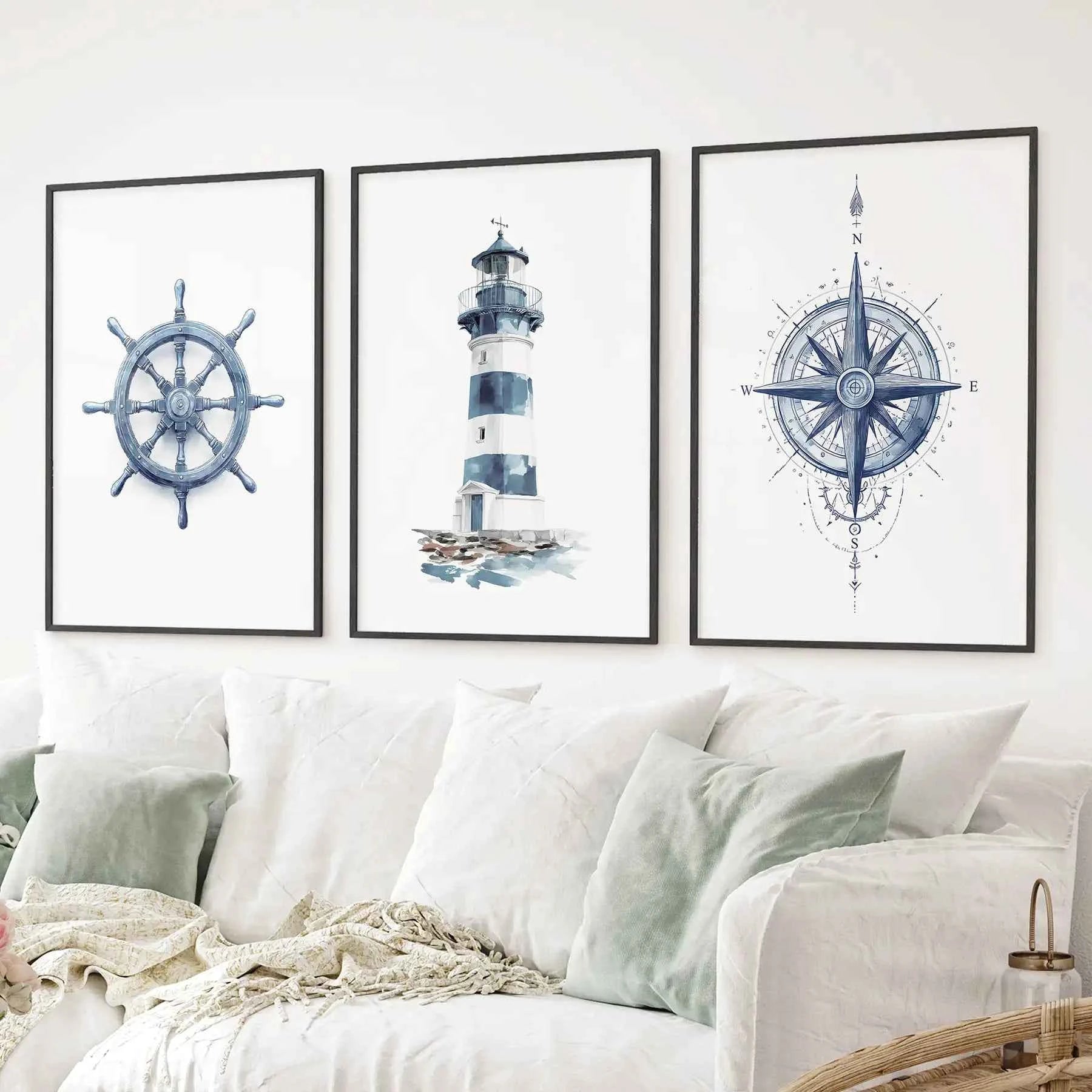 Navy Blue Nautical 3 Piece Art. Lighthouse, Compass Prints