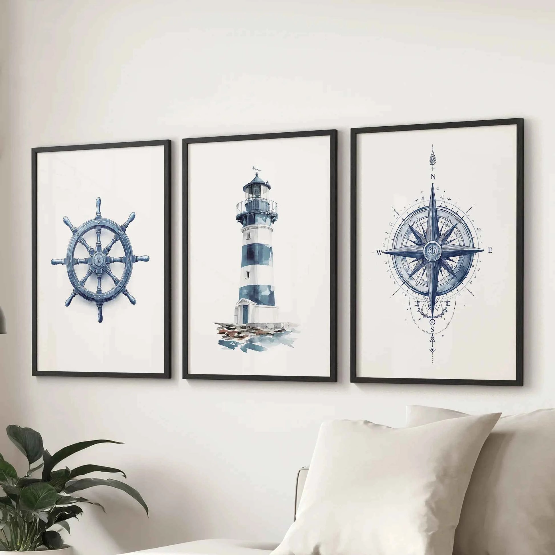 Navy Blue Nautical 3 Piece Art. Lighthouse, Compass Prints