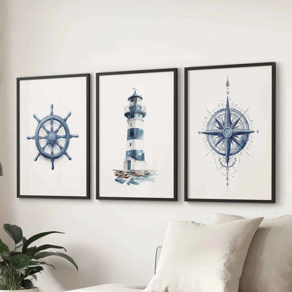 Navy Blue Nautical 3 Piece Art. Lighthouse, Compass Prints