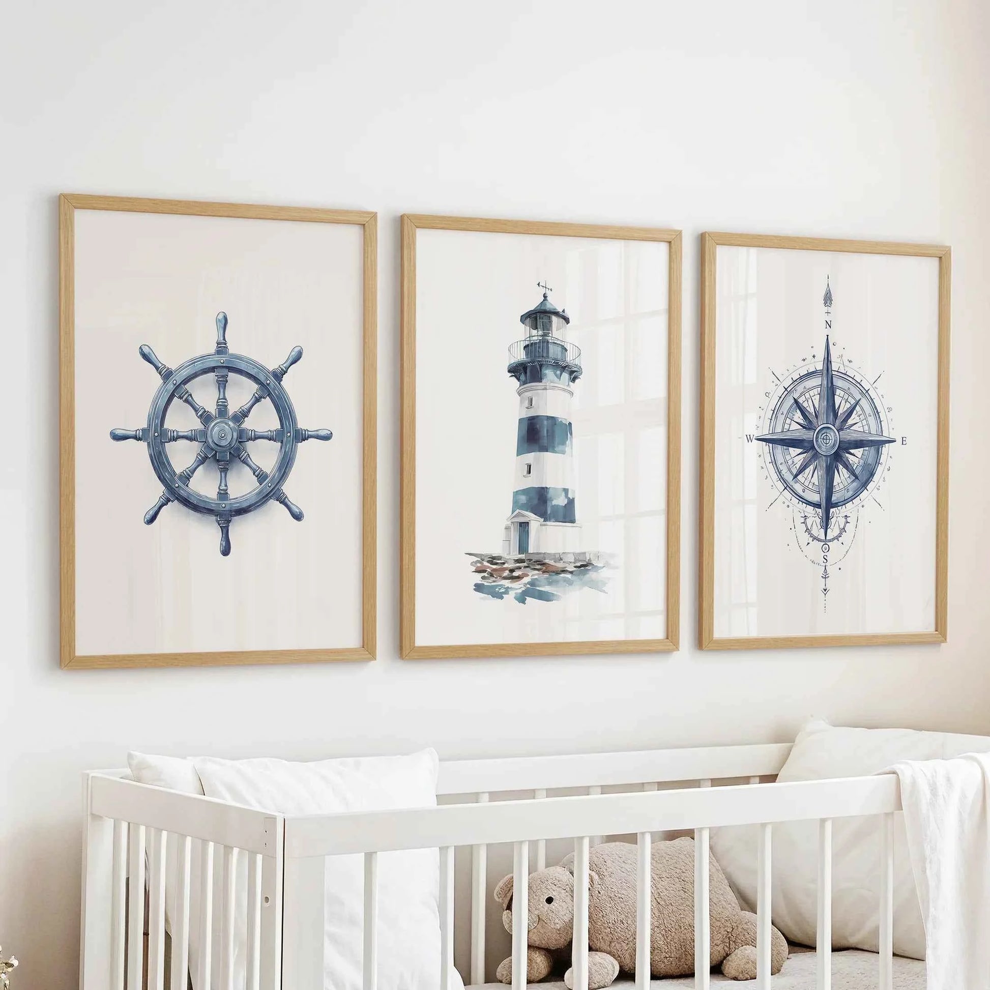 Navy Blue Nautical 3 Piece Art. Lighthouse, Compass Prints