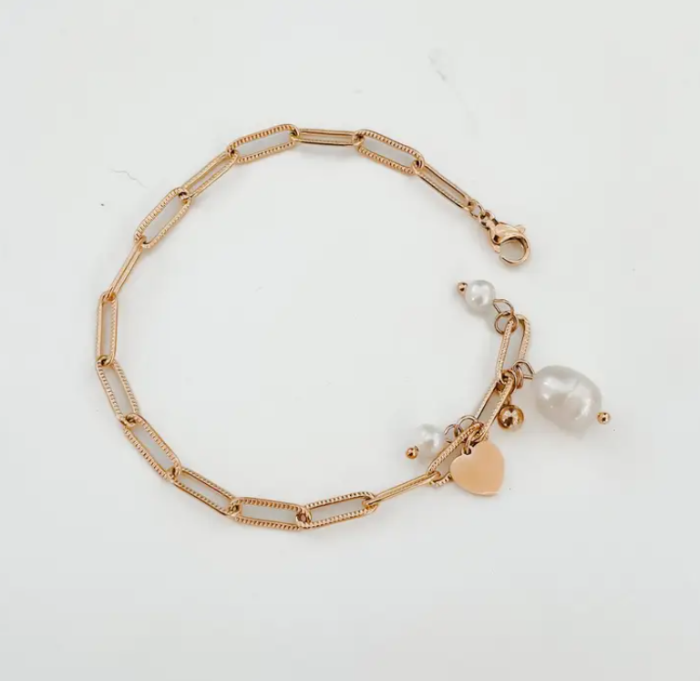 Heart & Pearls Charm Link Bracelet