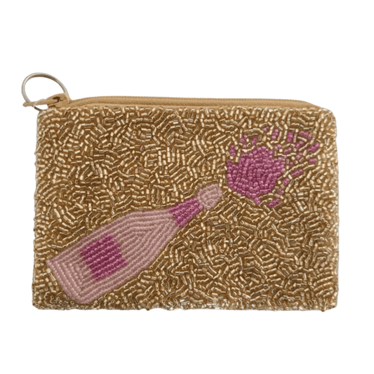 Pop the Bubbly Gold Champagne Bottle Hand Beaded Zip Pouch - Sorelle Gifts