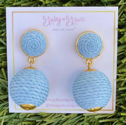 Raffia Lantern Pom Earrings - Light Blue - Sorelle Gifts