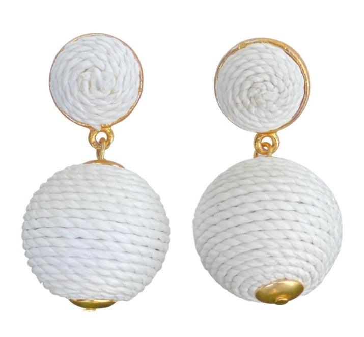 Raffia Lantern Pom Earrings - White - Sorelle Gifts