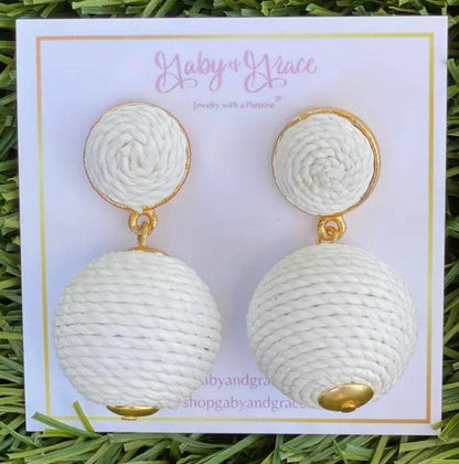 Raffia Lantern Pom Earrings - White - Sorelle Gifts