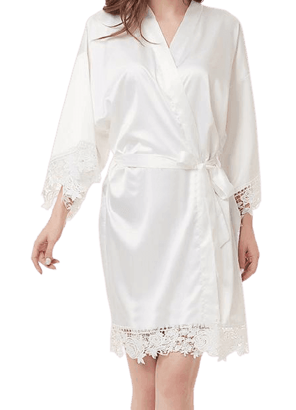 Satin Kimono Robe with Lace Trim - Sorelle Gifts