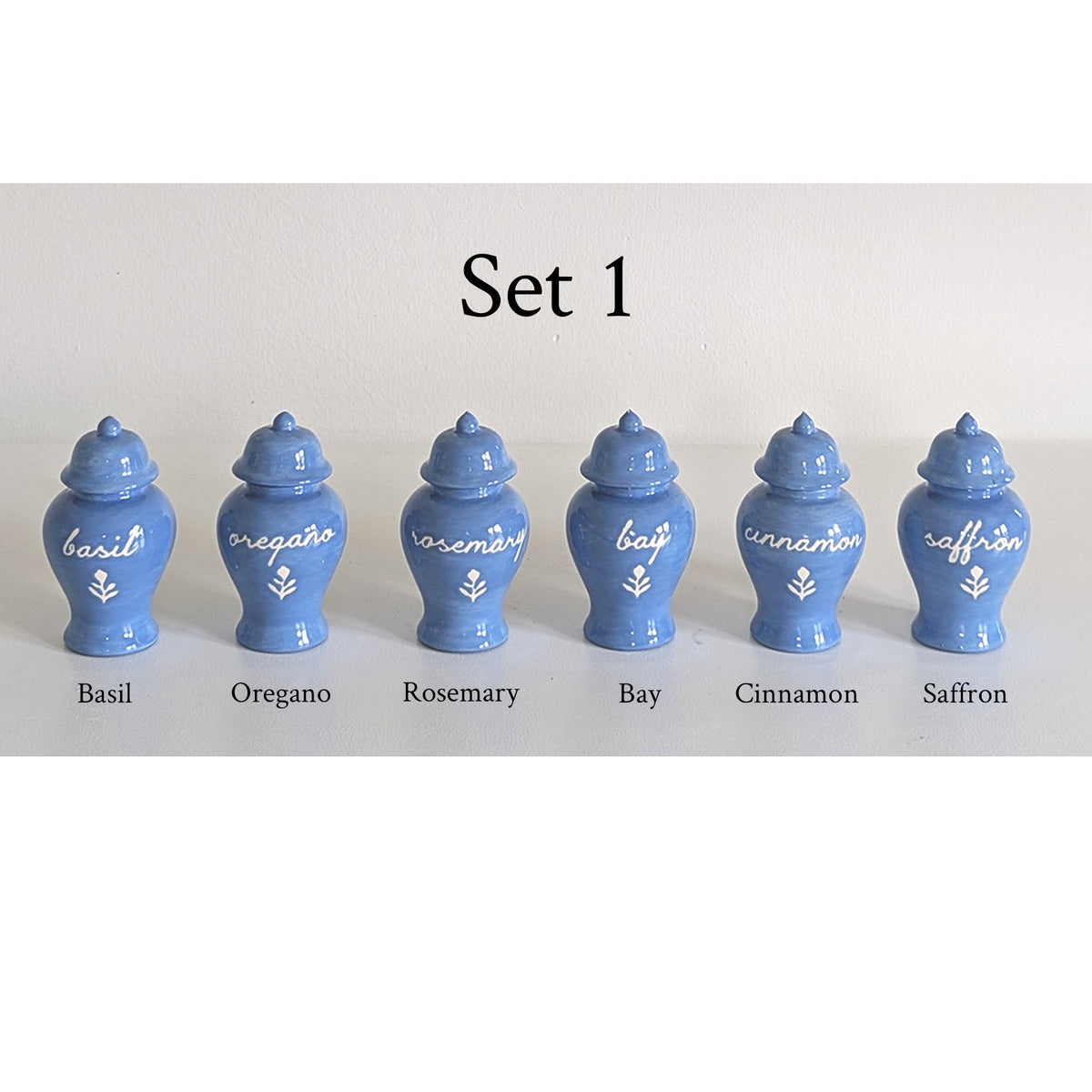 Chinoiserie Spice Jar Set 1 - basil, oregano, rosemary, bay, cinnamon, and saffron