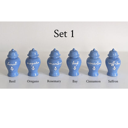Chinoiserie Spice Jar Set 1 - basil, oregano, rosemary, bay, cinnamon, and saffron