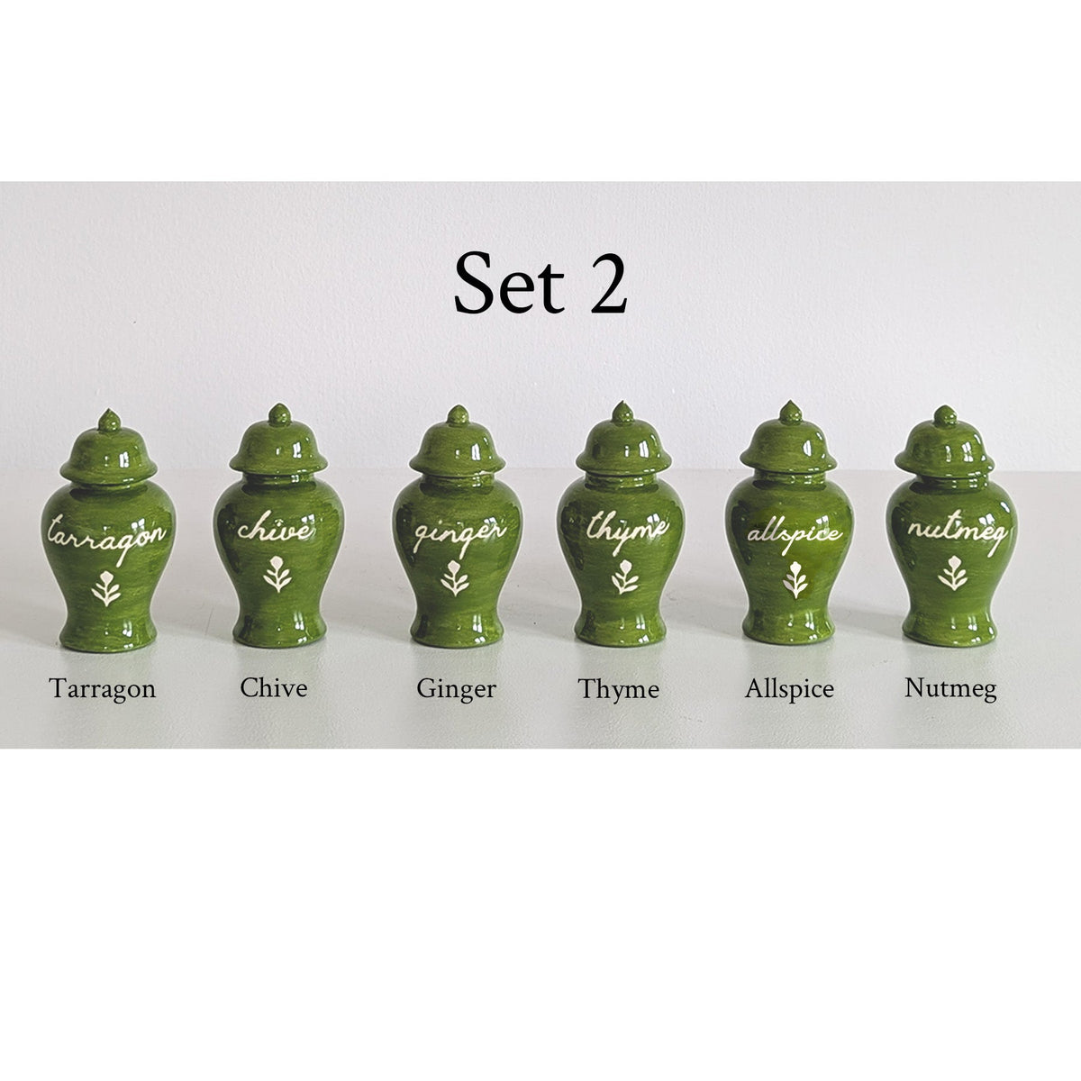 Chinoiserie Spice Jar Set 2 - tarragon, chive, ginger, thyme, allspice, and nutmeg