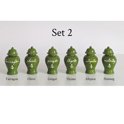Chinoiserie Spice Jar Set 2 - tarragon, chive, ginger, thyme, allspice, and nutmeg