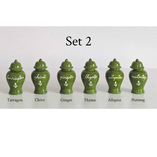 Chinoiserie Spice Jar Set 2 - tarragon, chive, ginger, thyme, allspice, and nutmeg