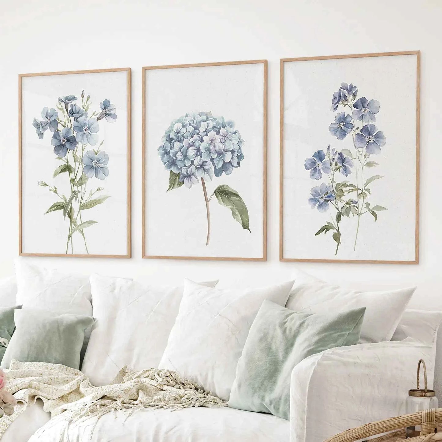 Blue Hydrangea Flower Wall Art. Floral Set of 3 Prints